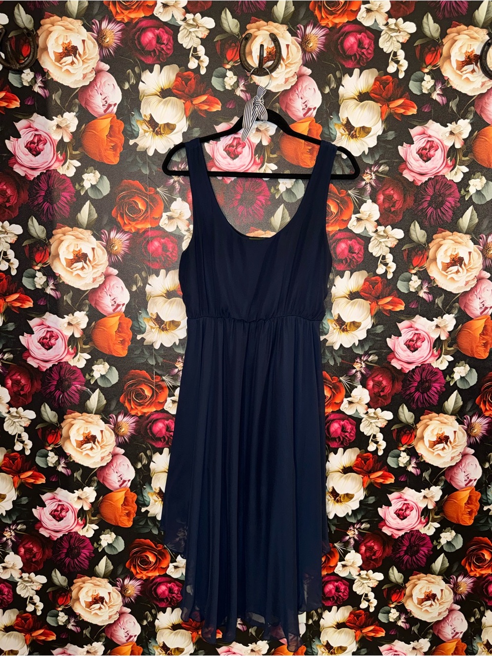 Maude Navy Sleeveless Midi High-Low Chiffon Dress, Size Large